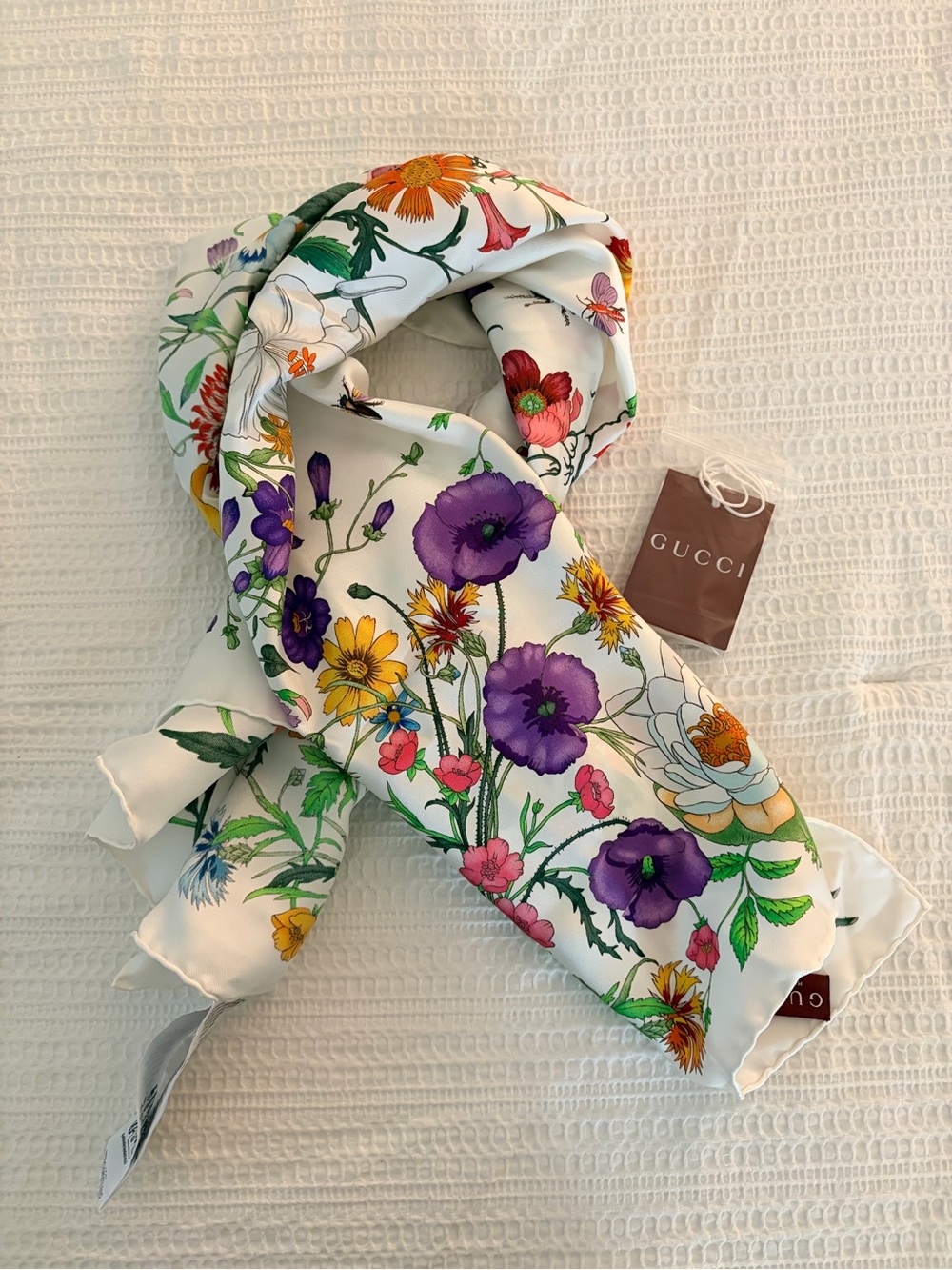 Gucci White Silk Floral Scarf with Purple, Yellow & Pink Blooms
